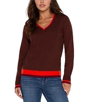 Liverpool Los Angeles Color Block V-Neck Long Sleeve Sweater