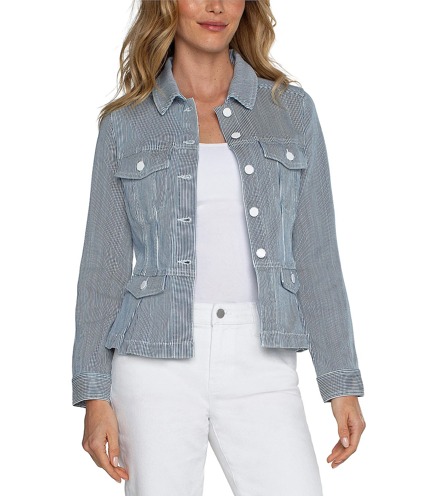 Liverpool Los Angeles Chambray Stripe Point Collar Long Sleeve Button-Front Peplum Jacket