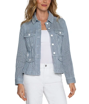 Liverpool Los Angeles Chambray Stripe Point Collar Long Sleeve Button-Front Peplum Jacket