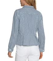 Liverpool Los Angeles Chambray Stripe Point Collar Long Sleeve Button-Front Peplum Jacket