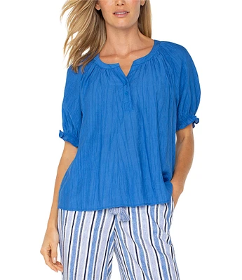 Liverpool Los Angeles Crinkle Woven Split V-Neck Short Sleeve Blouse
