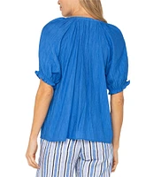 Liverpool Los Angeles Crinkle Woven Split V-Neck Short Sleeve Blouse