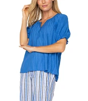 Liverpool Los Angeles Crinkle Woven Split V-Neck Short Sleeve Blouse
