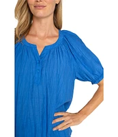 Liverpool Los Angeles Crinkle Woven Split V-Neck Short Sleeve Blouse