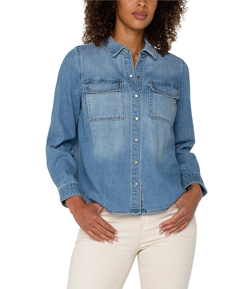 Liverpool Los Angeles Denim Point Collar Long Sleeve Button Down Shirt