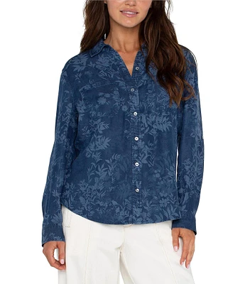 Liverpool Los Angeles Floral Print Point Collar Long Sleeve Blouse