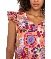 Liverpool Los Angeles Floral Print V-Neck Flutter Sleeve Shirt