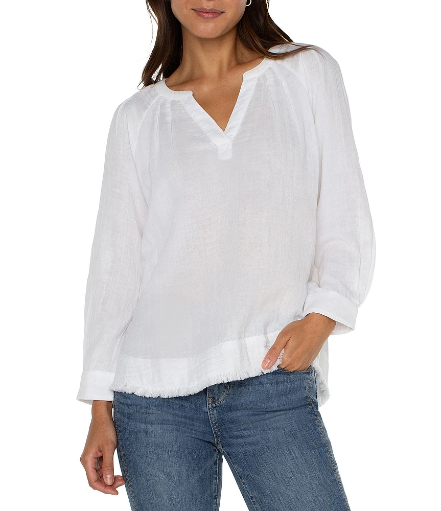 Liverpool Los Angeles Gauze Split V-Neck Long Sleeve Frayed Hem Top