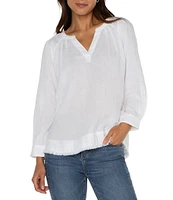 Liverpool Los Angeles Gauze Split V-Neck Long Sleeve Frayed Hem Top