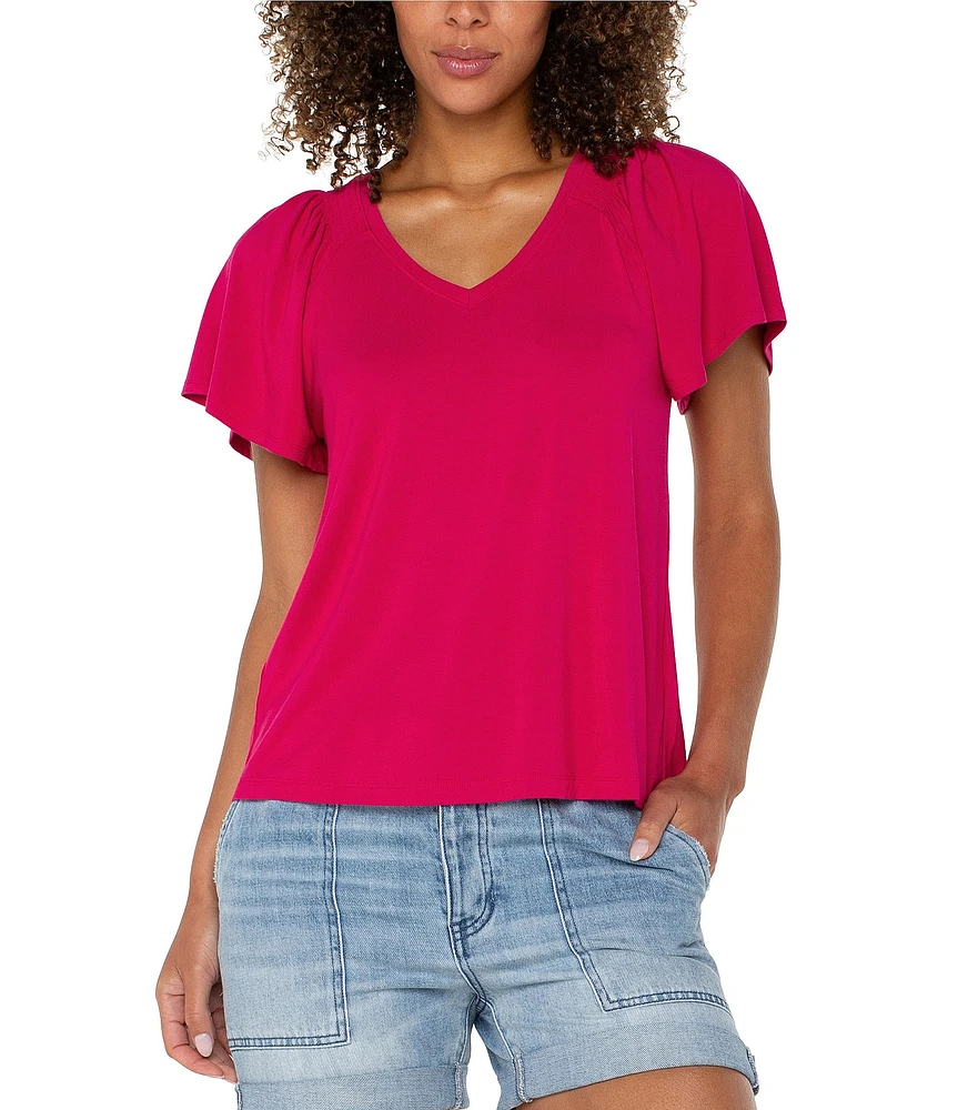 Liverpool Los Angeles Jersey Knit V-Neck Short Flutter Sleeve Shirred Top