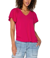 Liverpool Los Angeles Jersey Knit V-Neck Short Flutter Sleeve Shirred Top
