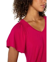 Liverpool Los Angeles Jersey Knit V-Neck Short Flutter Sleeve Shirred Top