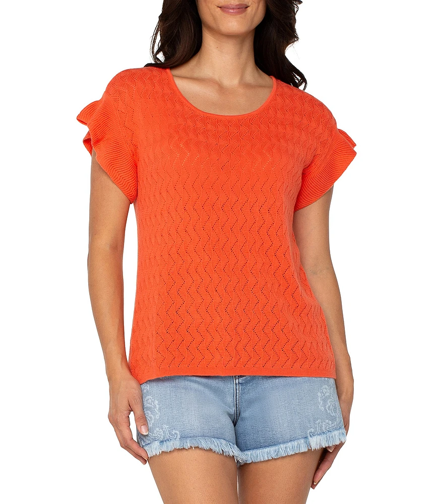 Liverpool Los Angeles Knit Geo Pointelle Short Flutter Sleeve Sweater