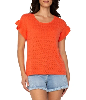 Liverpool Los Angeles Knit Geo Pointelle Short Flutter Sleeve Sweater