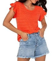 Liverpool Los Angeles Knit Geo Pointelle Short Flutter Sleeve Sweater