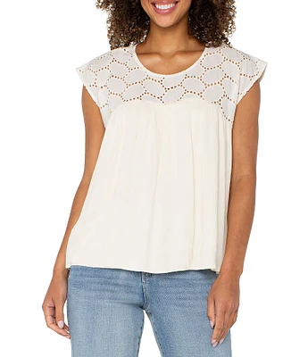 Liverpool Los Angeles Mixed-Media Oval Eyelet Scoop Neck Cap Sleeve Blouse