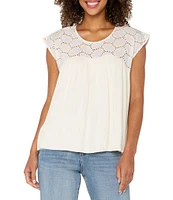 Liverpool Los Angeles Mixed-Media Oval Eyelet Scoop Neck Cap Sleeve Blouse