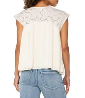 Liverpool Los Angeles Mixed-Media Oval Eyelet Scoop Neck Cap Sleeve Blouse