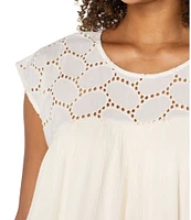 Liverpool Los Angeles Mixed-Media Oval Eyelet Scoop Neck Cap Sleeve Blouse