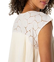 Liverpool Los Angeles Mixed-Media Oval Eyelet Scoop Neck Cap Sleeve Blouse