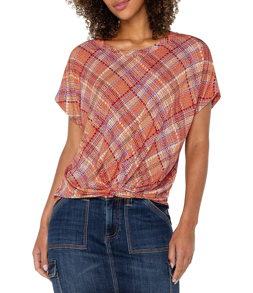 Liverpool Los Angeles Multi Plaid Crew Neck Short Sleeve Front Twist Top
