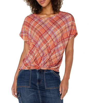 Liverpool Los Angeles Multi Plaid Crew Neck Short Sleeve Front Twist Top