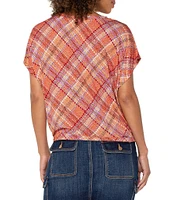 Liverpool Los Angeles Multi Plaid Crew Neck Short Sleeve Front Twist Top