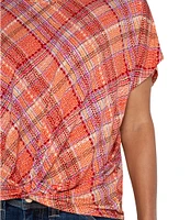 Liverpool Los Angeles Multi Plaid Crew Neck Short Sleeve Front Twist Top