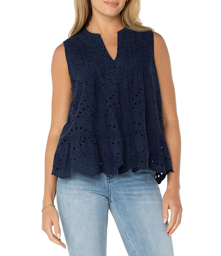 Liverpool Los Angeles Petite Size Allover Eyelet Embroidered Split Round V-Neck Sleeveless Top