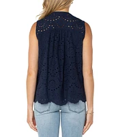 Liverpool Los Angeles Petite Size Allover Eyelet Embroidered Split Round V-Neck Sleeveless Top