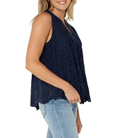 Liverpool Los Angeles Petite Size Allover Eyelet Embroidered Split Round V-Neck Sleeveless Top