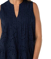 Liverpool Los Angeles Petite Size Allover Eyelet Embroidered Split Round V-Neck Sleeveless Top