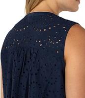 Liverpool Los Angeles Petite Size Allover Eyelet Embroidered Split Round V-Neck Sleeveless Top