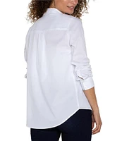 Liverpool Los Angeles Petite Size Cotton Poplin Collared Long Sleeve Button-Front Shirt