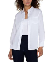 Liverpool Los Angeles Petite Size Cotton Poplin Collared Long Sleeve Button-Front Shirt