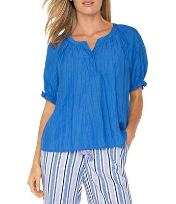 Liverpool Los Angeles Petite Size Crinkle Woven Split V-Neck Short Sleeve Blouse