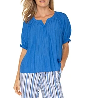 Liverpool Los Angeles Petite Size Crinkle Woven Split V-Neck Short Sleeve Blouse
