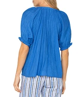 Liverpool Los Angeles Petite Size Crinkle Woven Split V-Neck Short Sleeve Blouse