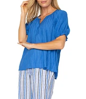 Liverpool Los Angeles Petite Size Crinkle Woven Split V-Neck Short Sleeve Blouse
