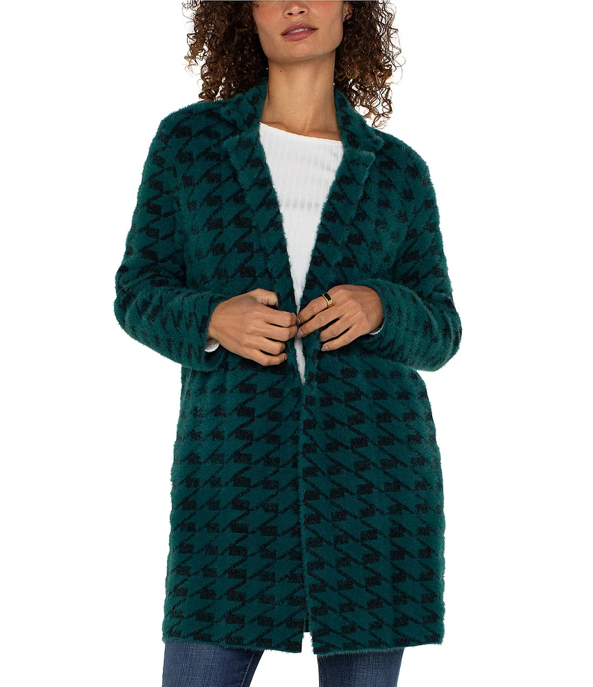 Liverpool Los Angeles Petite Size Feather Yarn Houndstooth Print Notch Lapel Long Sleeve Side Pocket Coatigan