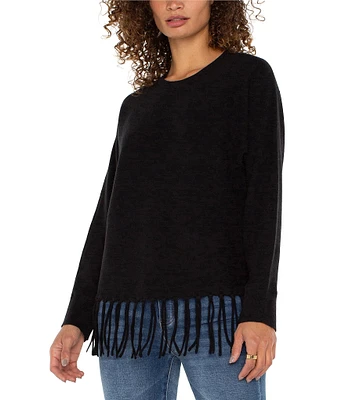 Liverpool Los Angeles Petite Size Crew Neck Long Dolman Sleeve Fringe Hem Sweater