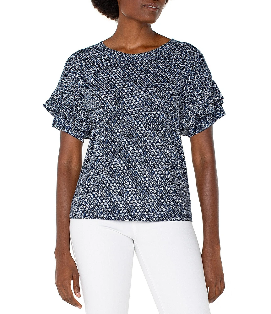 Liverpool Los Angeles Petite Size Knit Mini Batik Print Crew Neck Short Sleeve Top