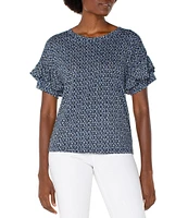 Liverpool Los Angeles Petite Size Knit Mini Batik Print Crew Neck Short Sleeve Top