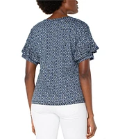 Liverpool Los Angeles Petite Size Knit Mini Batik Print Crew Neck Short Sleeve Top