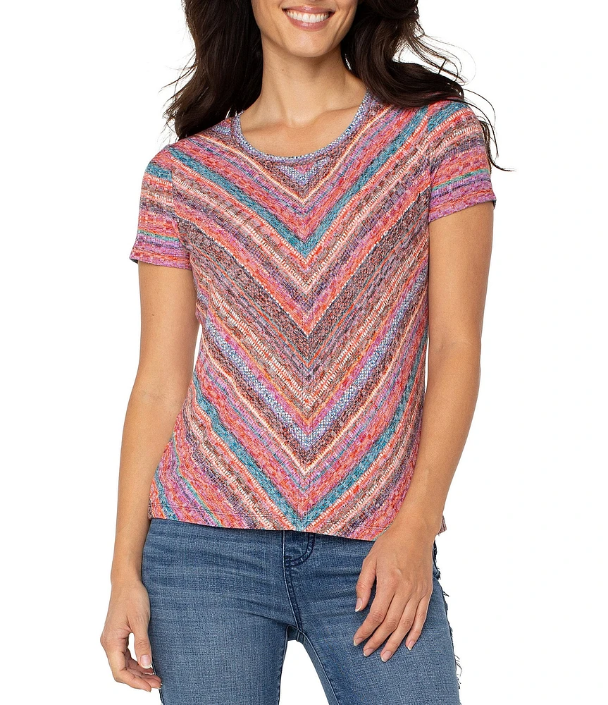 Liverpool Los Angeles Petite Size Knit Miter Paradise Multi Stripe Scoop Neck Short Sleeve Top