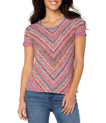 Liverpool Los Angeles Petite Size Knit Miter Paradise Multi Stripe Scoop Neck Short Sleeve Top