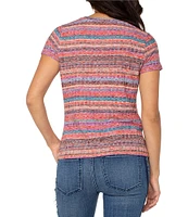 Liverpool Los Angeles Petite Size Knit Miter Paradise Multi Stripe Scoop Neck Short Sleeve Top