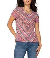 Liverpool Los Angeles Petite Size Knit Miter Paradise Multi Stripe Scoop Neck Short Sleeve Top