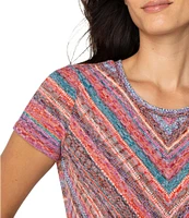 Liverpool Los Angeles Petite Size Knit Miter Paradise Multi Stripe Scoop Neck Short Sleeve Top