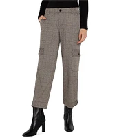 Liverpool Los Angeles Petite Size Mid-Rise Utility Plaid Jacquard Knit Adjustable Tab Hem Cropped Cargo Pants